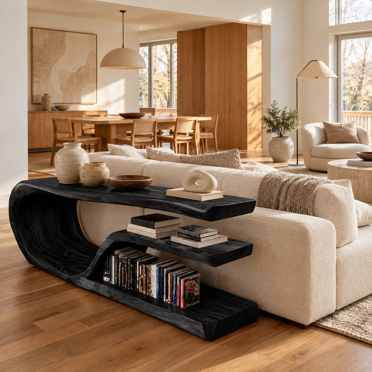 Organic Flowing Wood Console Table With Open Shelf For Living Room