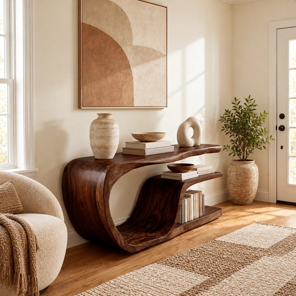 Organic Flowing Wood Console Table With Open Shelf For Living Room