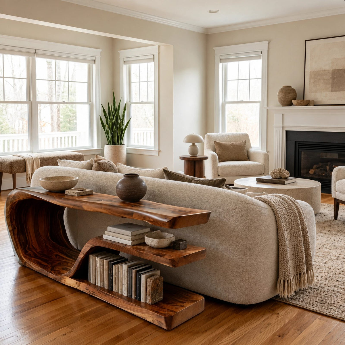 Organic Flowing Wood Console Table With Open Shelf For Living Room