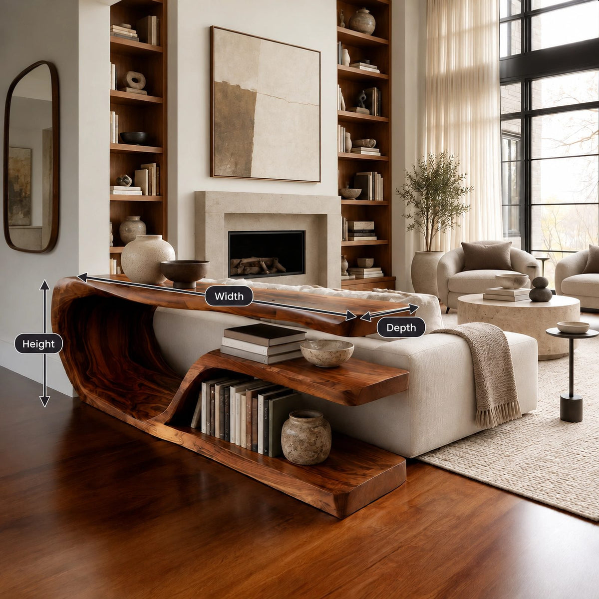 Organic Flowing Wood Console Table With Open Shelf For Living Room