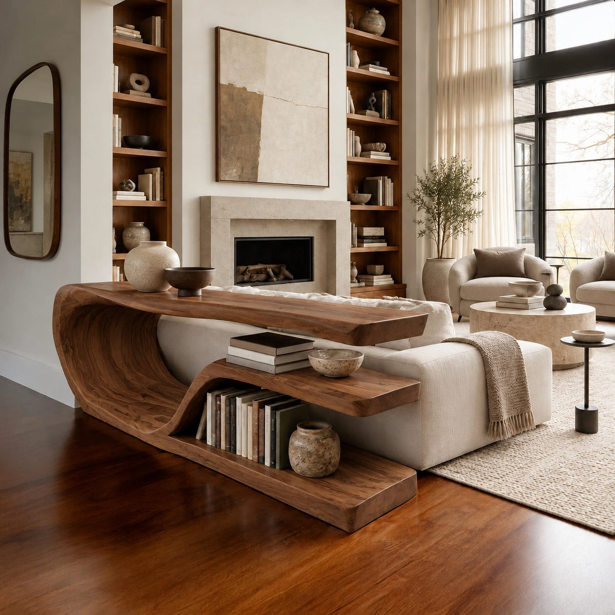 Organic Flowing Wood Console Table With Open Shelf For Living Room