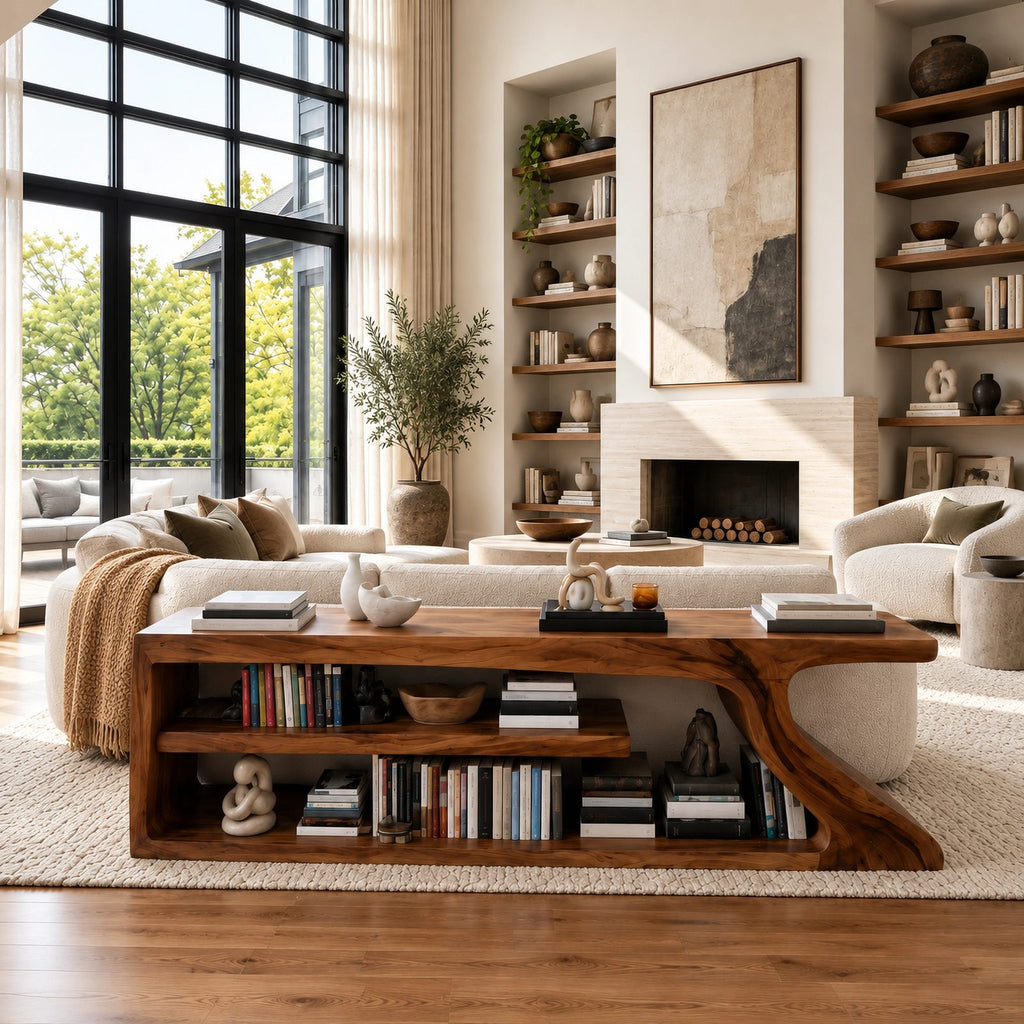 Modern Curved Wood Console Table With Open Shelf For Entryway