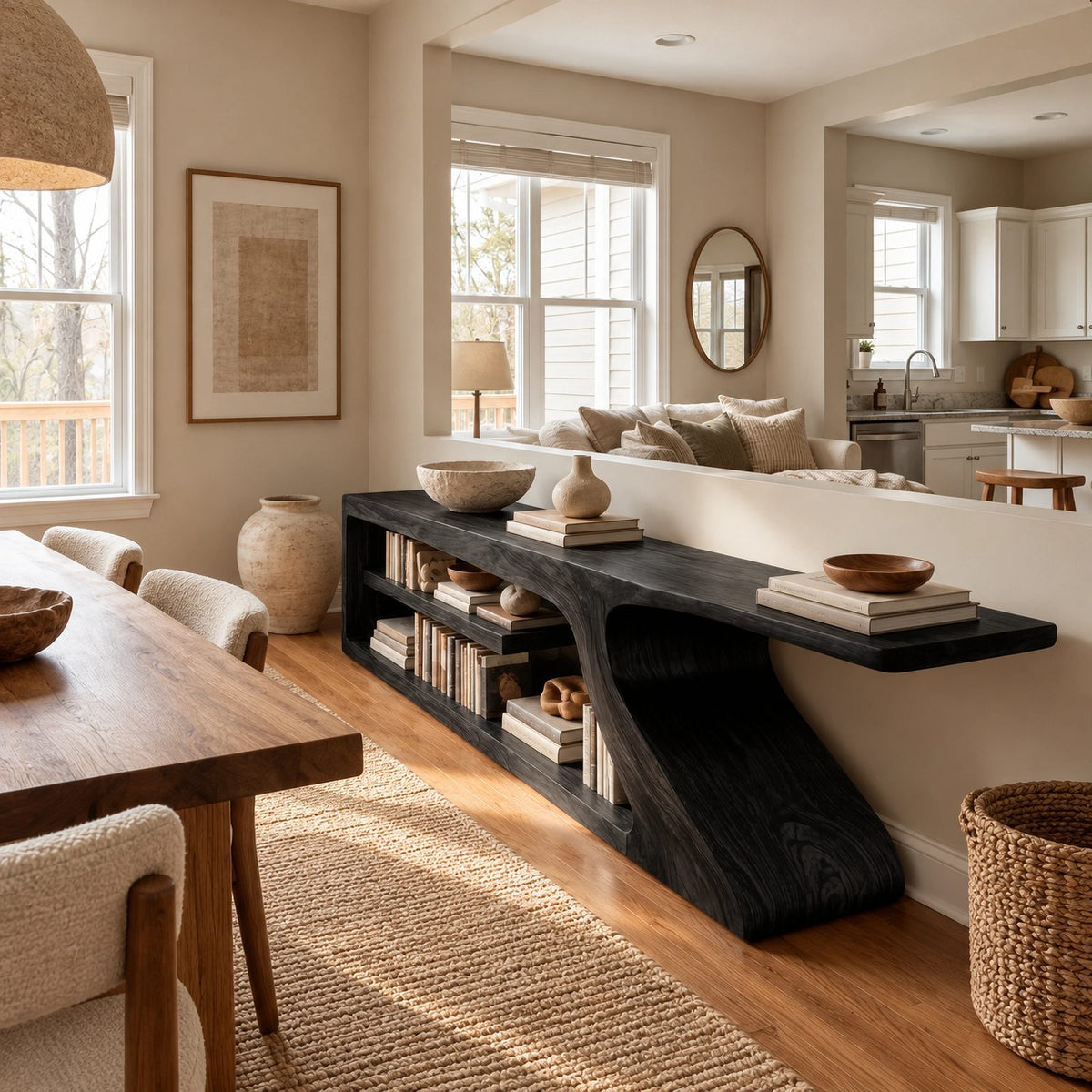 Modern Curved Wood Console Table With Open Shelf For Entryway