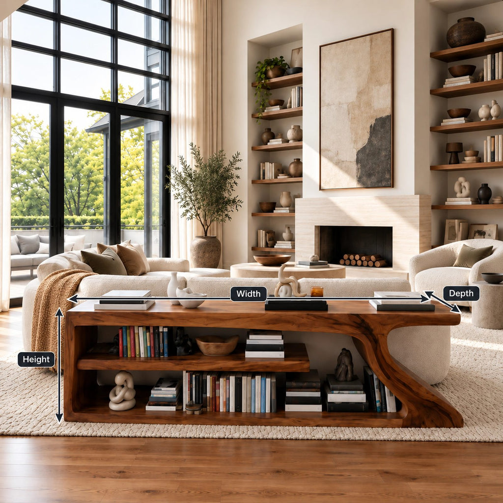 Modern Curved Wood Console Table With Open Shelf For Entryway
