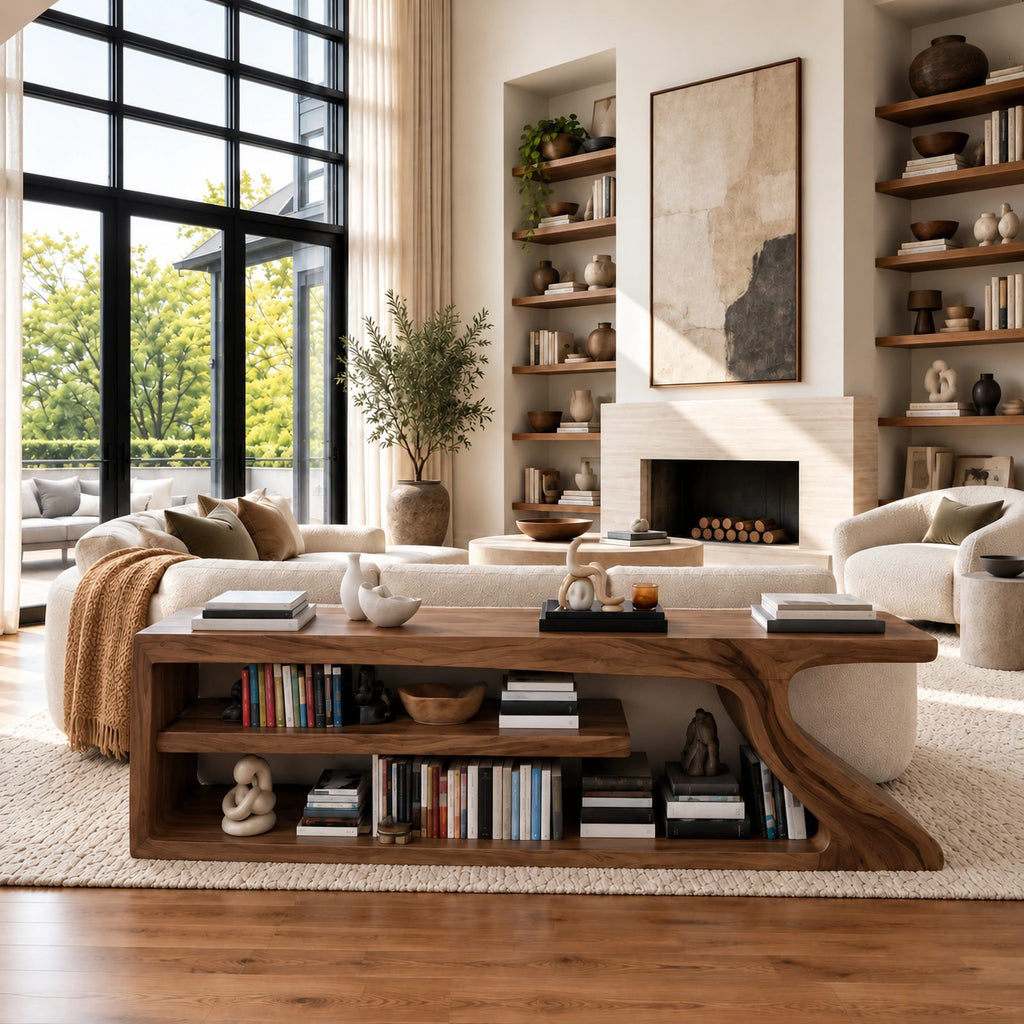 Modern Curved Wood Console Table With Open Shelf For Entryway