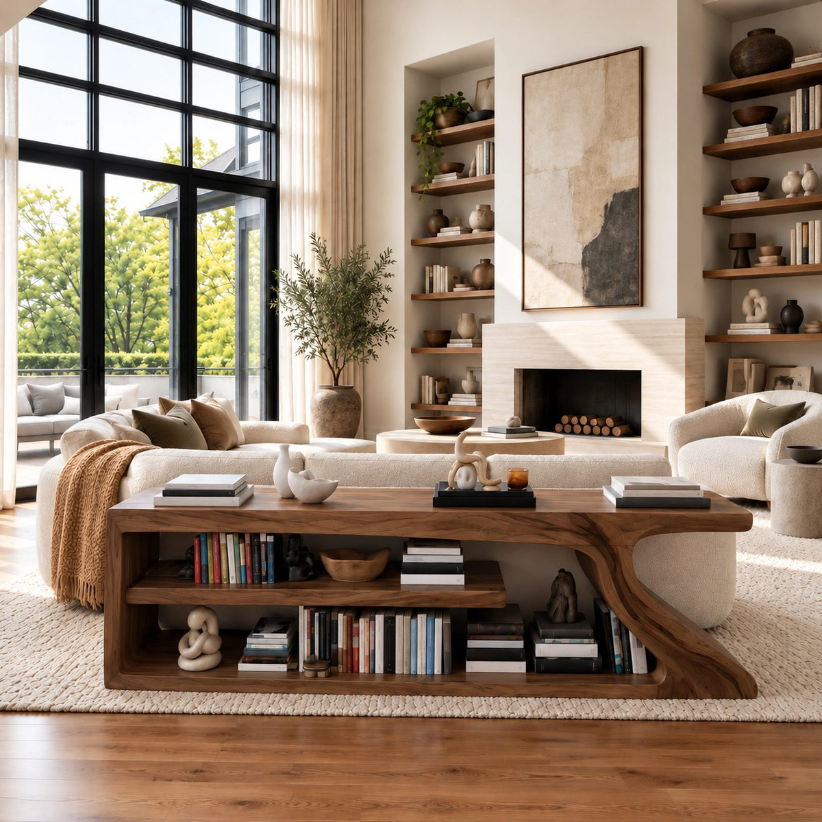 Modern Curved Wood Console Table With Open Shelf For Entryway
