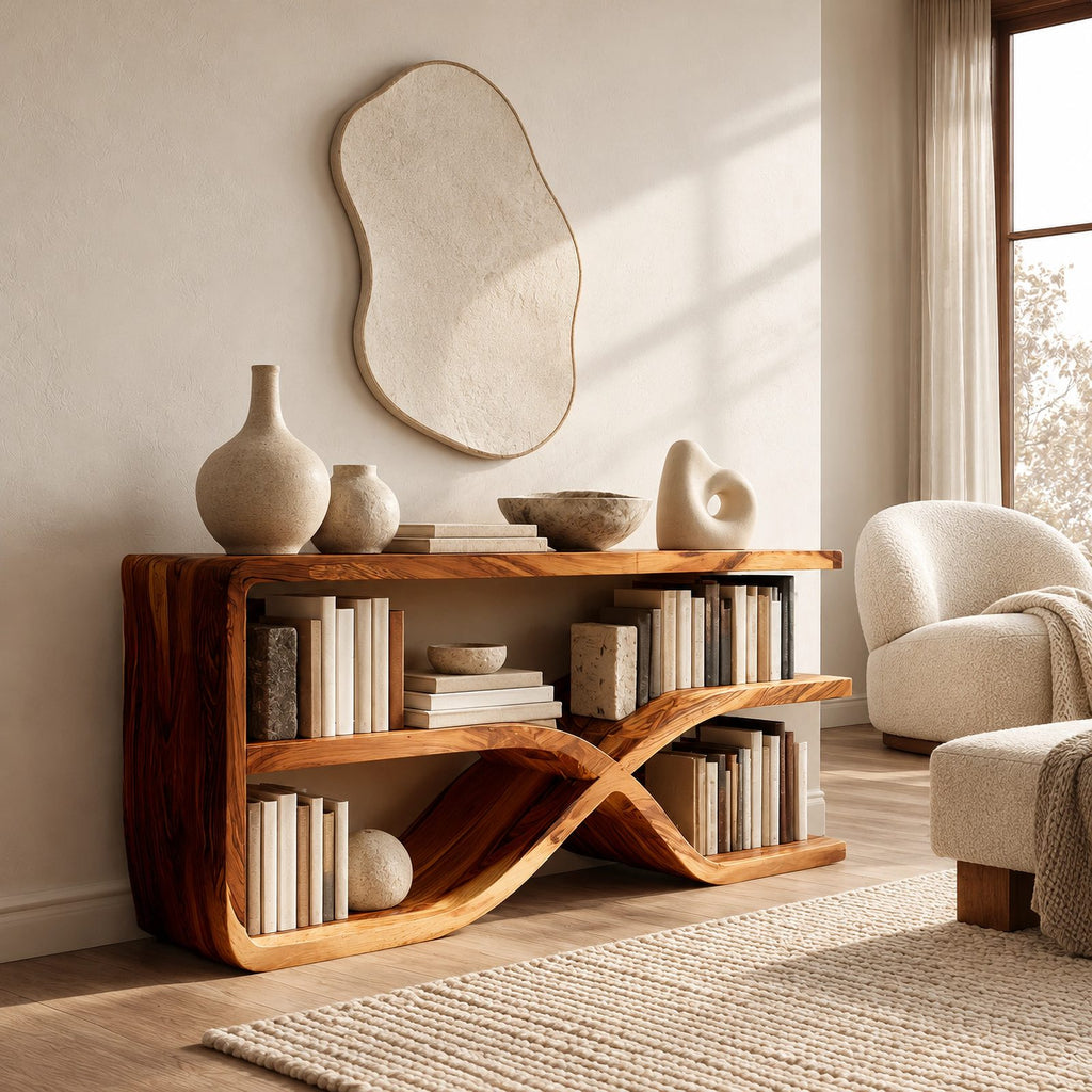 Sculptural Loop Base Wood Console Table With Open Shelf For Entryway