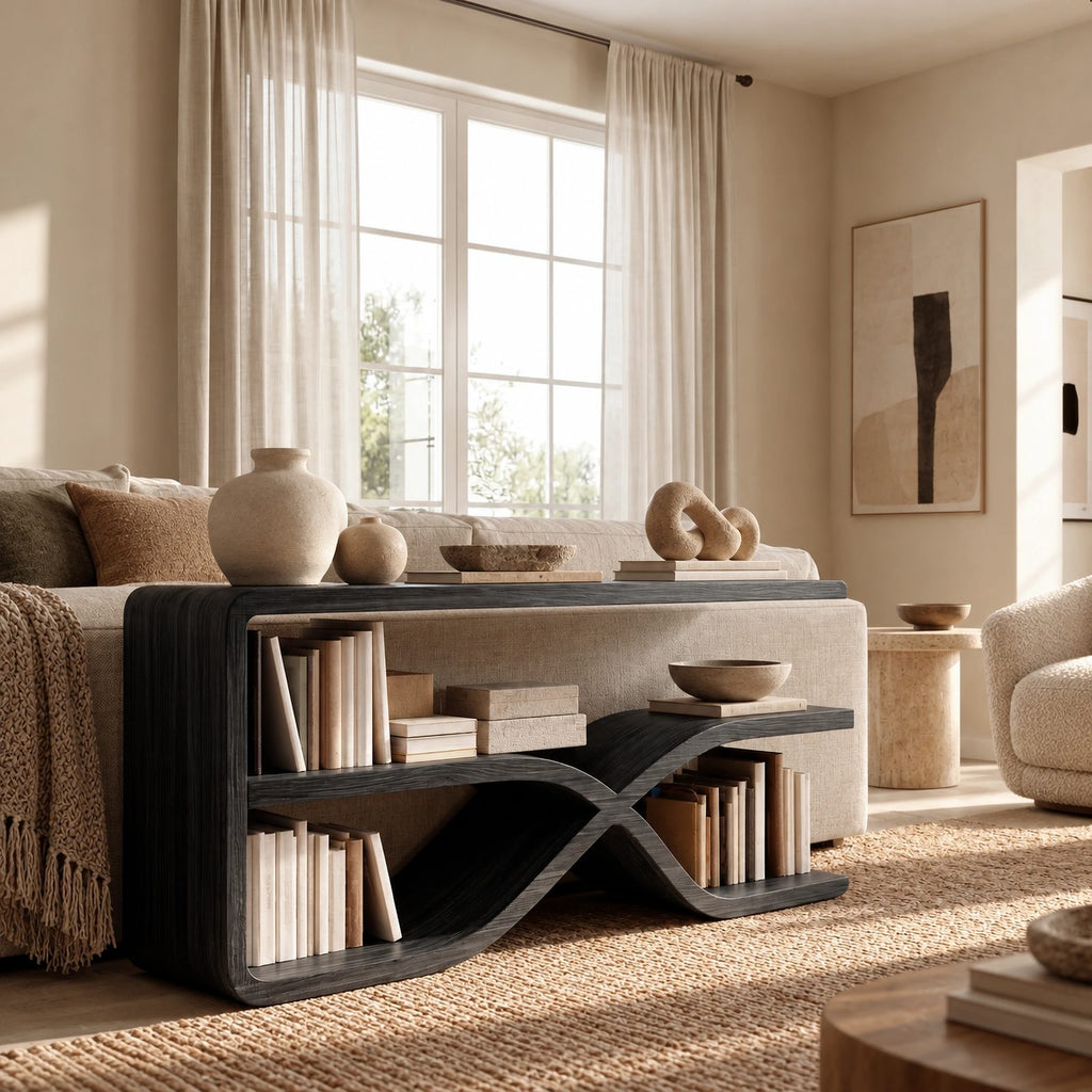 Sculptural Loop Base Wood Console Table With Open Shelf For Entryway