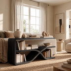 Sculptural Loop Base Wood Console Table With Open Shelf For Entryway