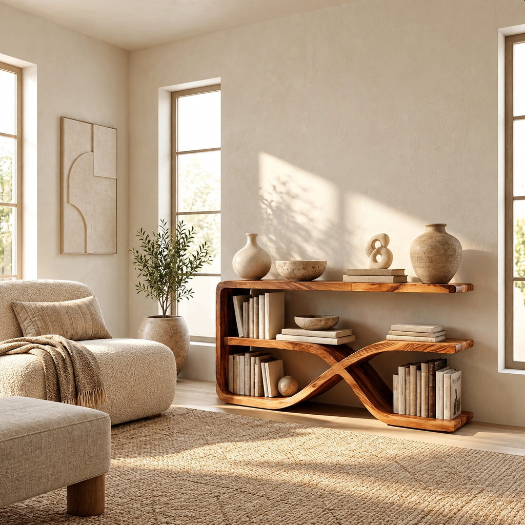 Sculptural Loop Base Wood Console Table With Open Shelf For Entryway