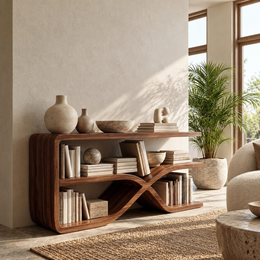 Sculptural Loop Base Wood Console Table With Open Shelf For Entryway