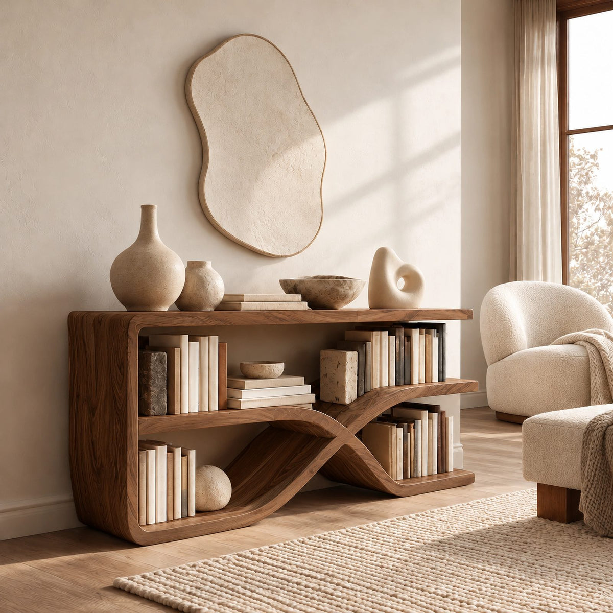 Sculptural Loop Base Wood Console Table With Open Shelf For Entryway