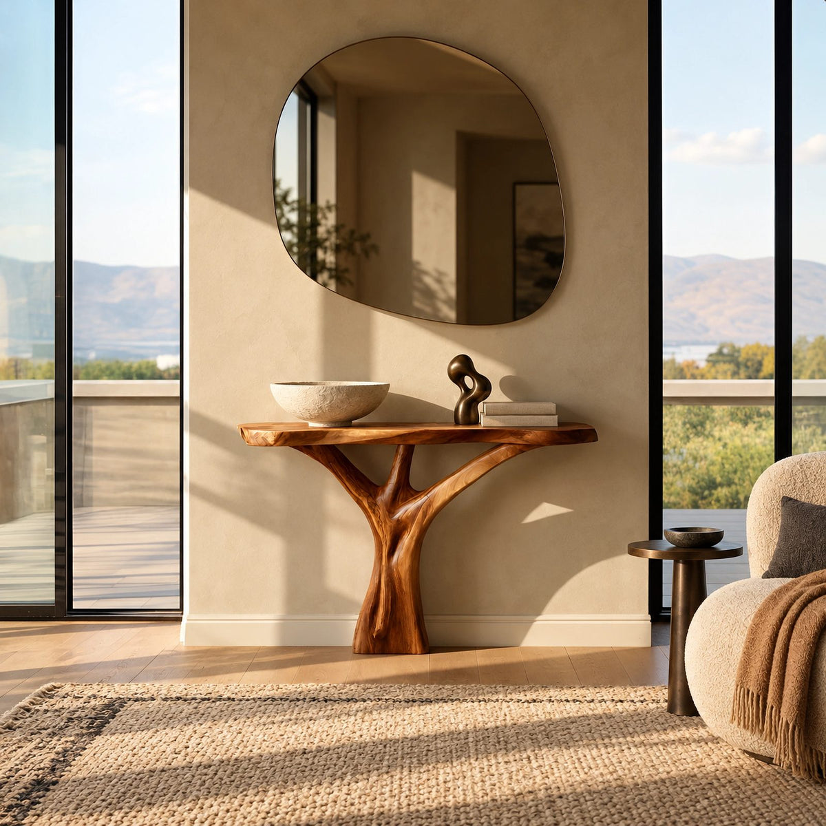 Organic Live Edge Console Table With Sculptural Root Base For Entryway