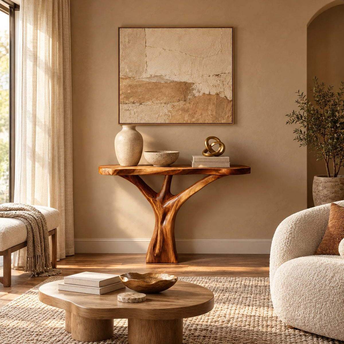 Organic Live Edge Console Table With Sculptural Root Base For Entryway