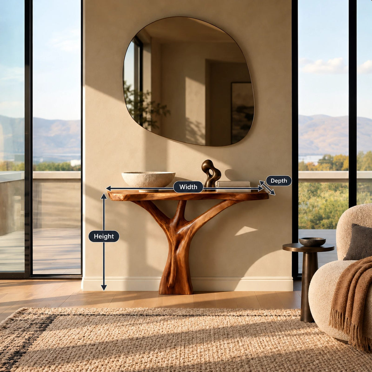 Organic Live Edge Console Table With Sculptural Root Base For Entryway