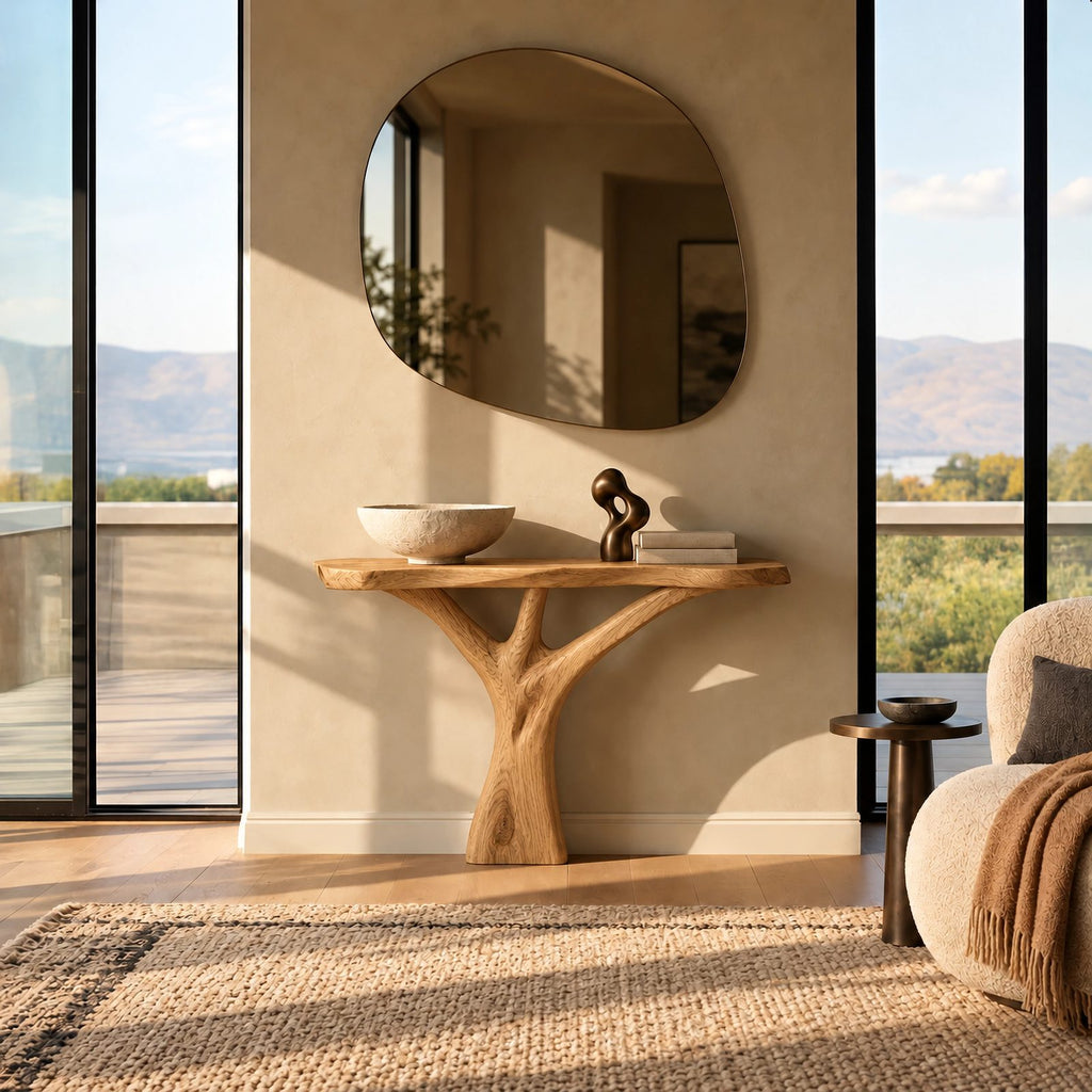 Organic Live Edge Console Table With Sculptural Root Base For Entryway