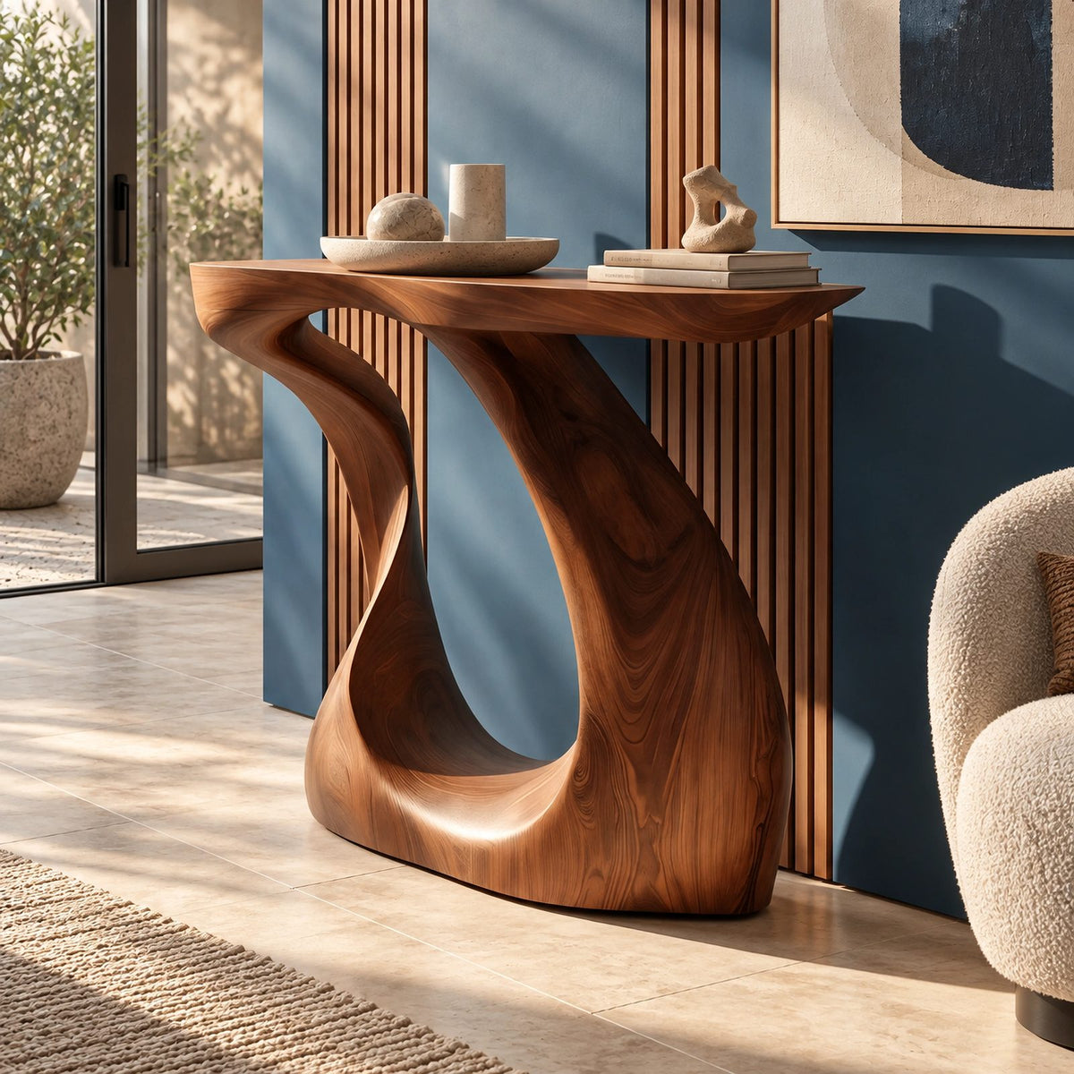 Modern Sculptural Wood Console Table With Twisted Base For Entryway