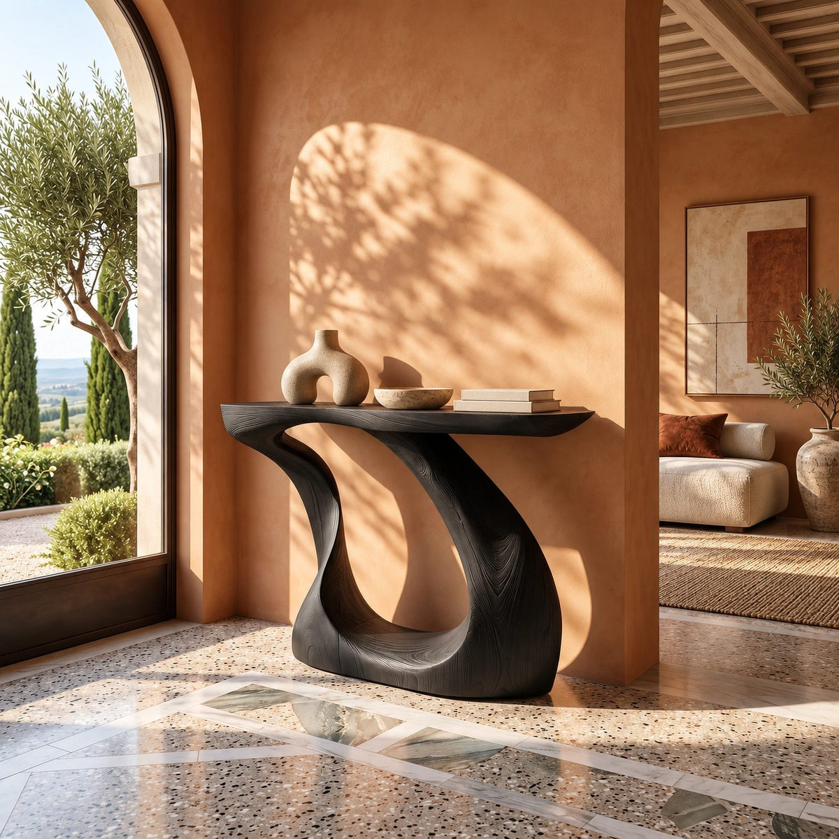 Modern Sculptural Wood Console Table With Twisted Base For Entryway