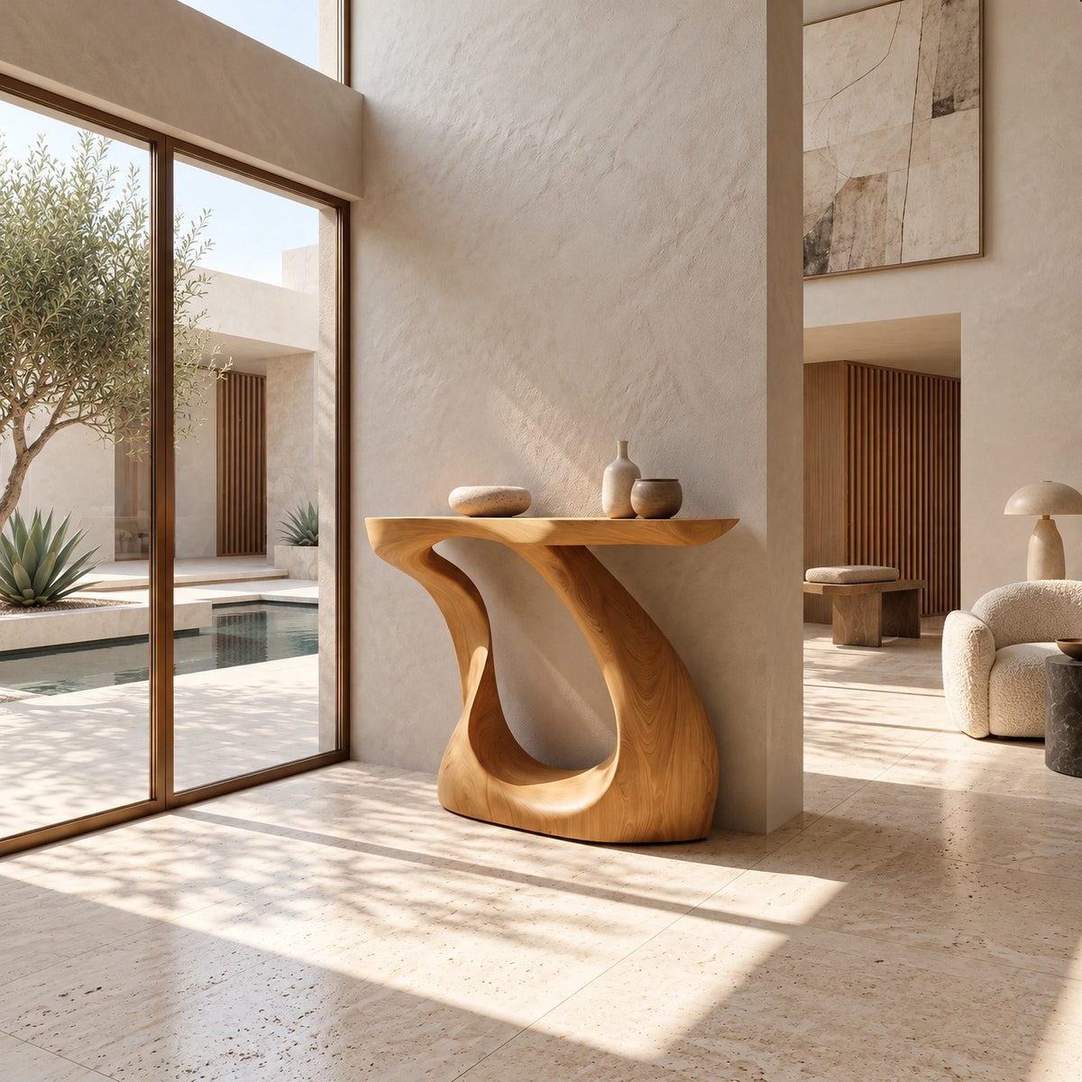 Modern Sculptural Wood Console Table With Twisted Base For Entryway