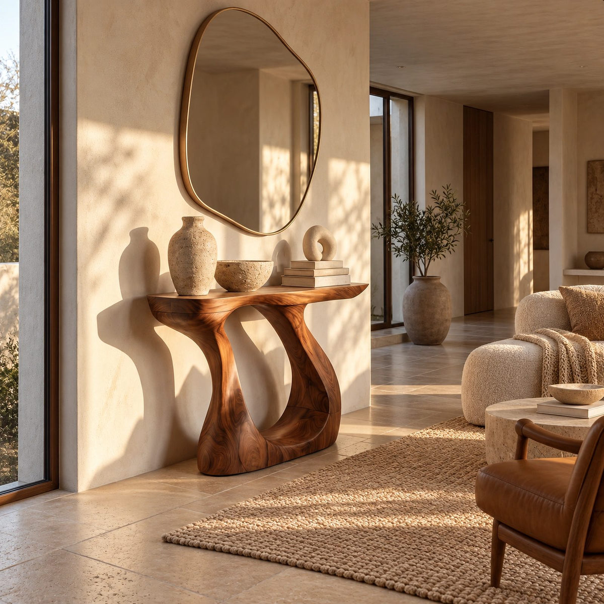 Modern Sculptural Wood Console Table With Twisted Base For Entryway