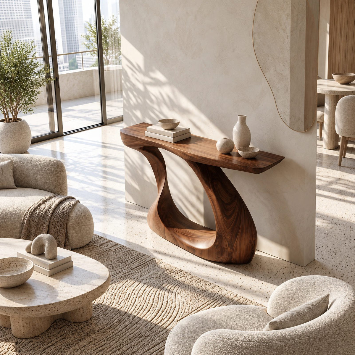 Modern Sculptural Wood Console Table With Twisted Base For Entryway