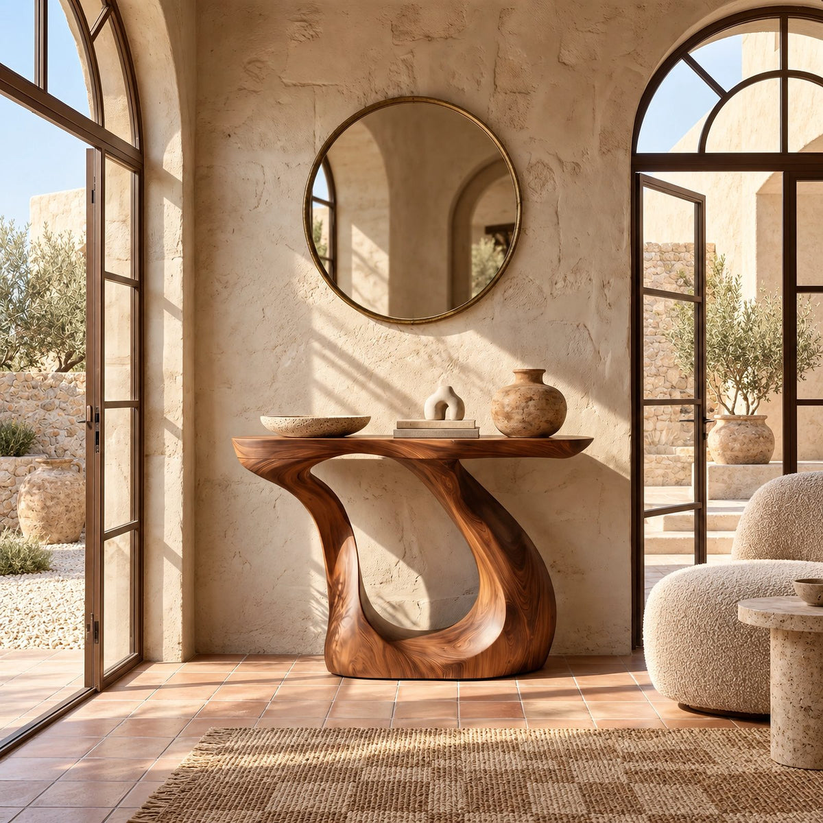 Modern Sculptural Wood Console Table With Twisted Base For Entryway