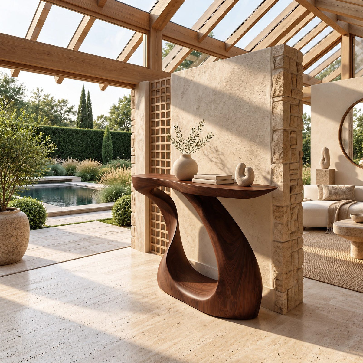 Modern Sculptural Wood Console Table With Twisted Base For Entryway