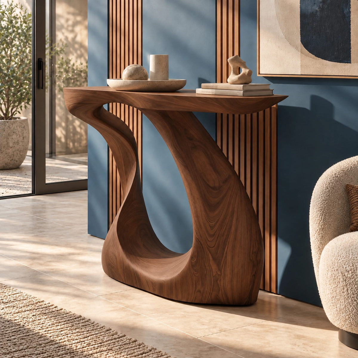 Modern Sculptural Wood Console Table With Twisted Base For Entryway