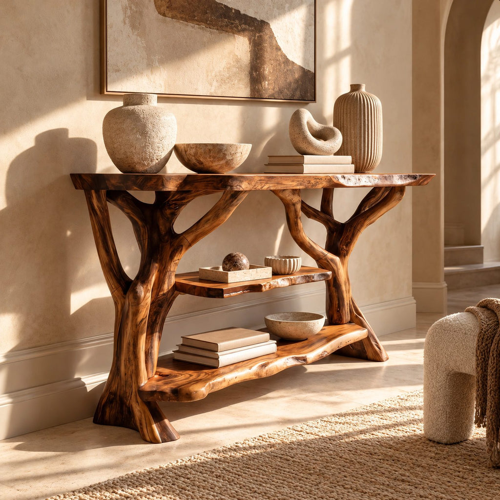 Rustic Tree Branch Console Table With Open Shelf For Entryway