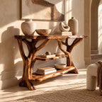 Rustic Tree Branch Console Table With Open Shelf For Entryway