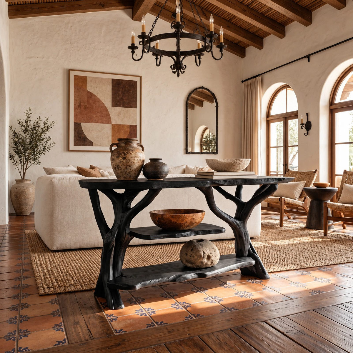 Rustic Tree Branch Console Table With Open Shelf For Entryway