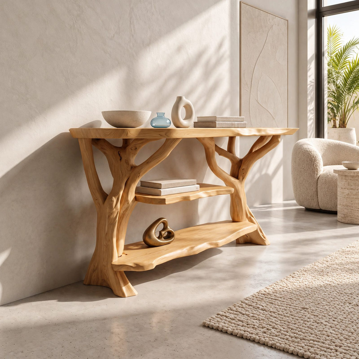 Rustic Tree Branch Console Table With Open Shelf For Entryway