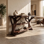 Rustic Tree Branch Console Table With Open Shelf For Entryway