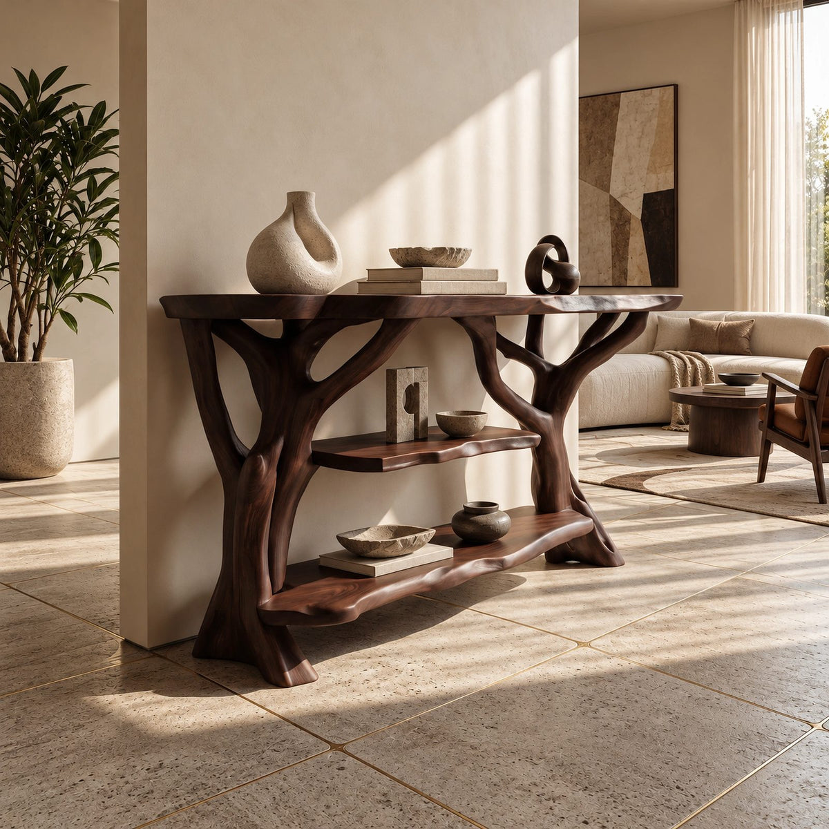 Rustic Tree Branch Console Table With Open Shelf For Entryway
