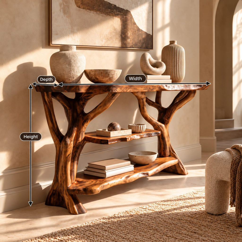 Rustic Tree Branch Console Table With Open Shelf For Entryway