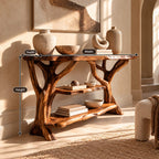 Rustic Tree Branch Console Table With Open Shelf For Entryway