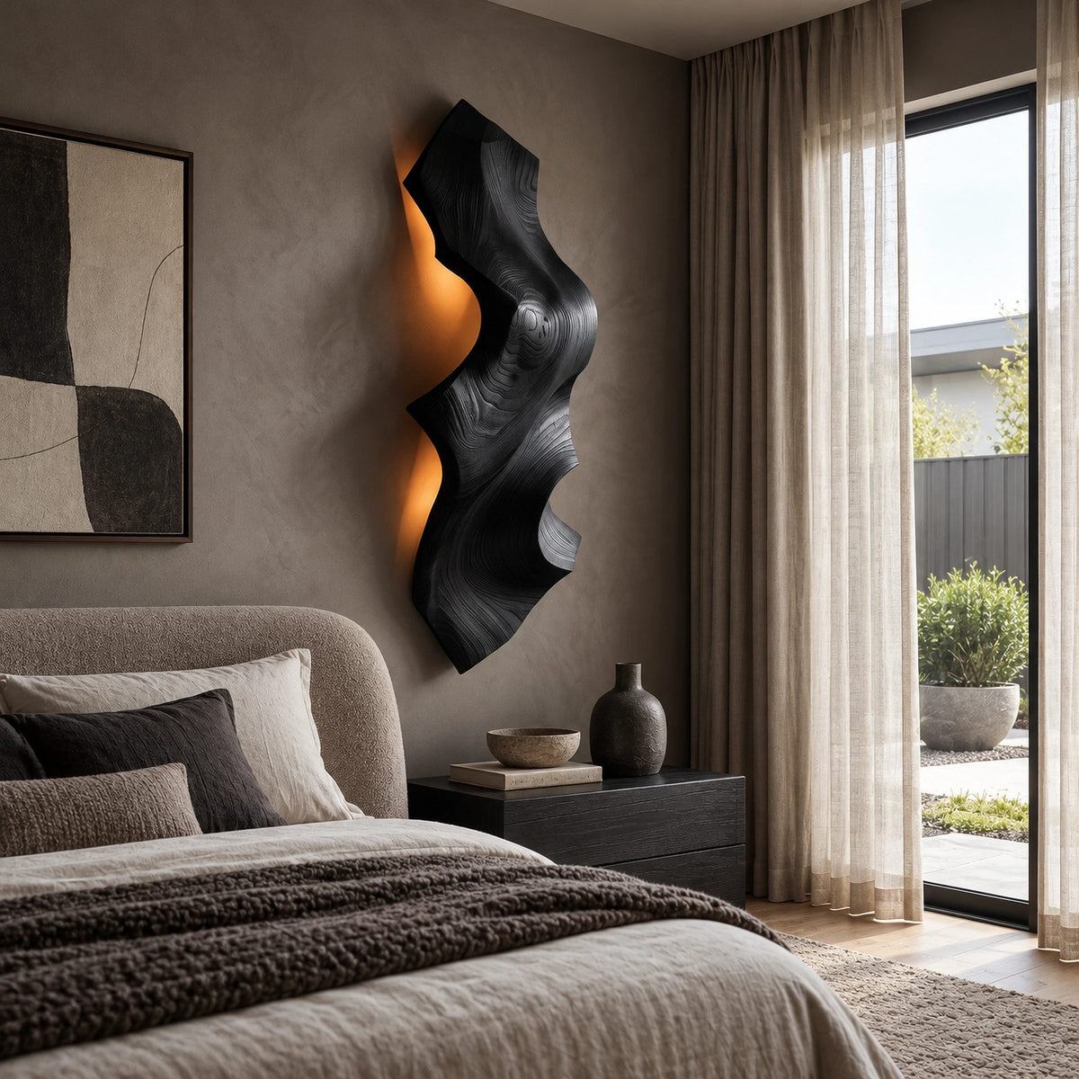 Sculptural Live Edge Wood Wall Light With Backlit Glow For Bedroom