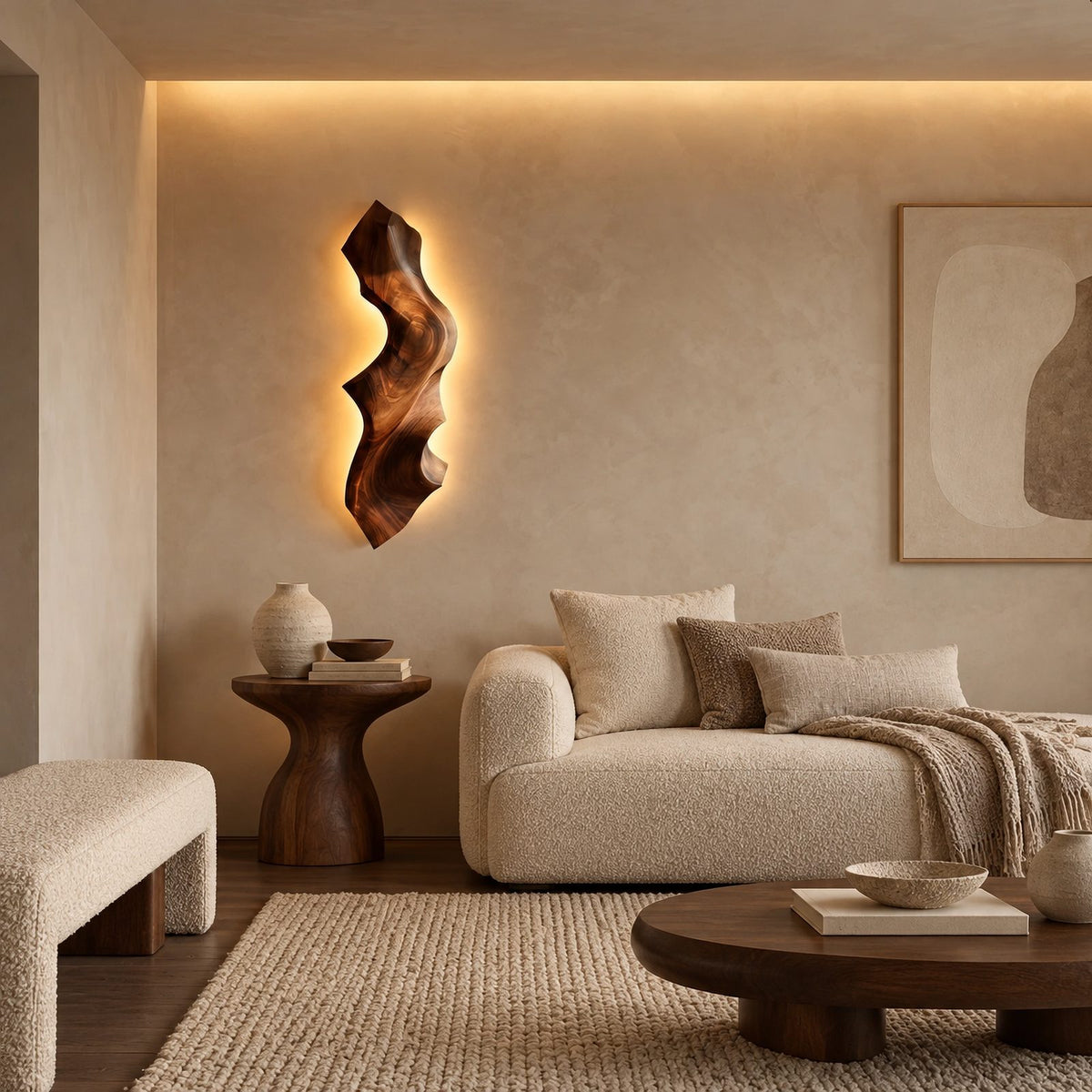 Sculptural Live Edge Wood Wall Light With Backlit Glow For Bedroom