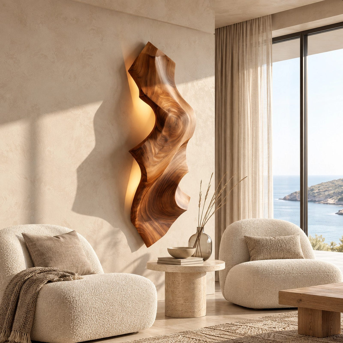 Sculptural Live Edge Wood Wall Light With Backlit Glow For Bedroom
