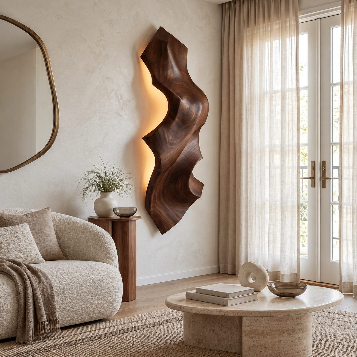 Sculptural Live Edge Wood Wall Light With Backlit Glow For Bedroom