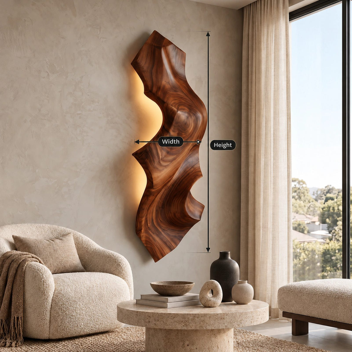 Sculptural Live Edge Wood Wall Light With Backlit Glow For Bedroom