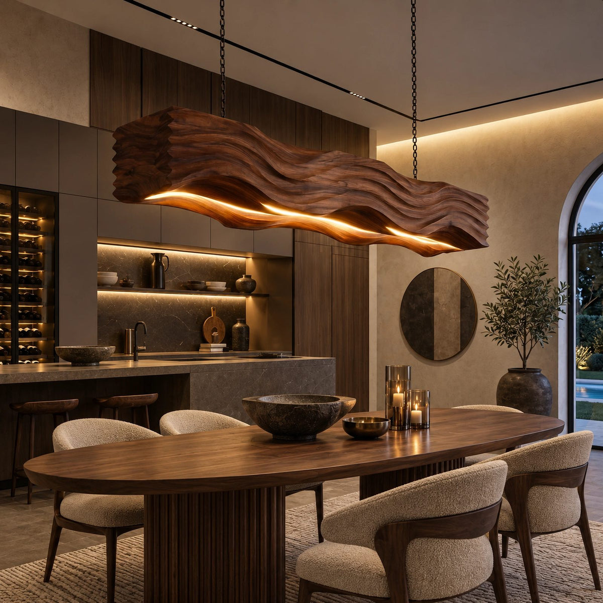 Sculptural Wave Carved Wood Pendant Light For Dining Room