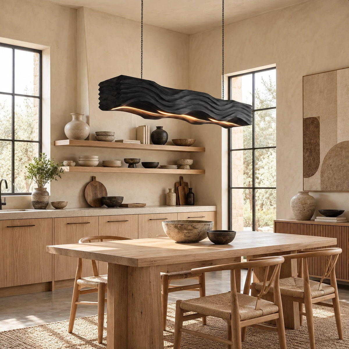 Sculptural Wave Carved Wood Pendant Light For Dining Room