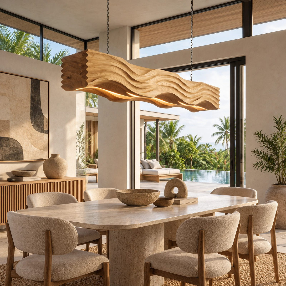 Sculptural Wave Carved Wood Pendant Light For Dining Room