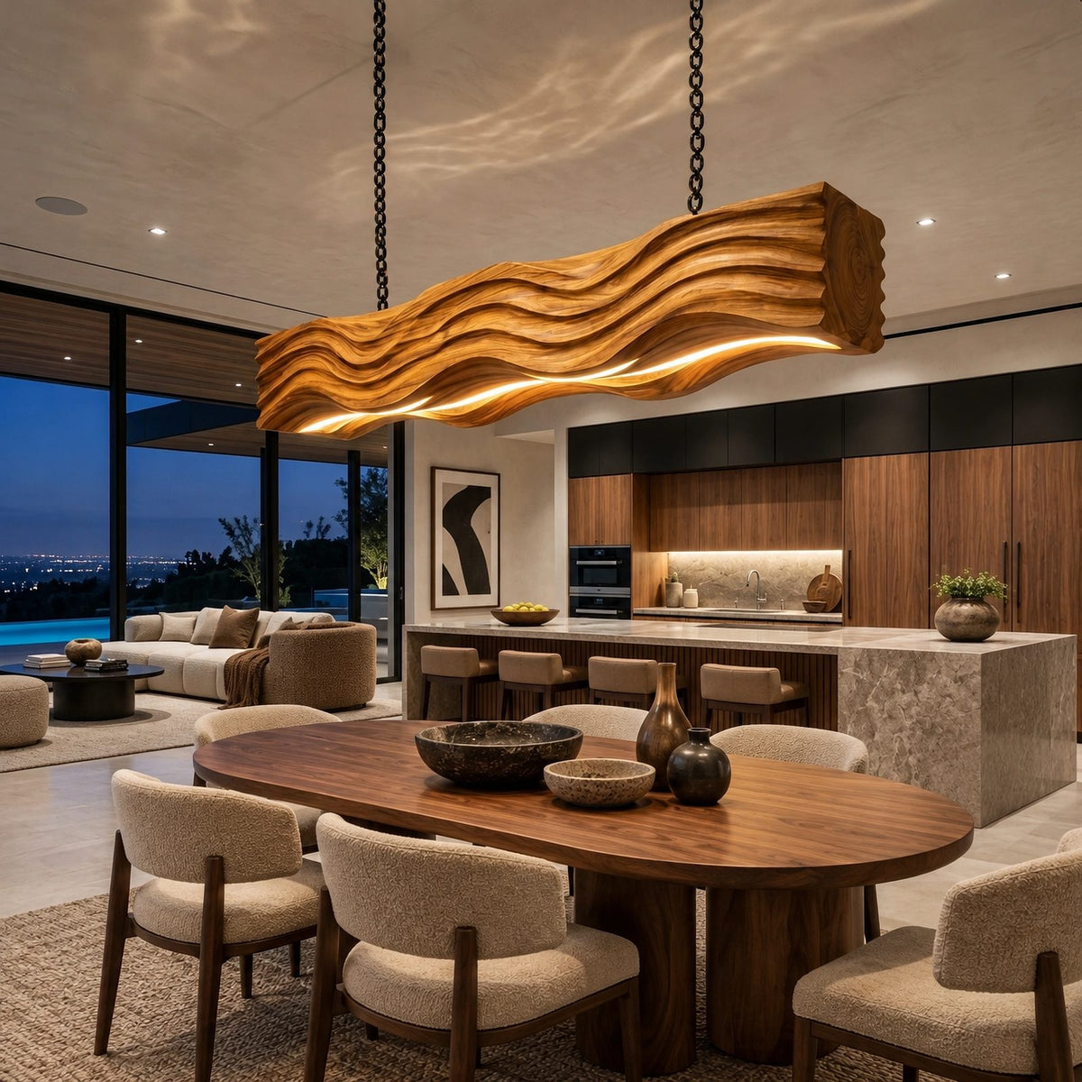 Sculptural Wave Carved Wood Pendant Light For Dining Room