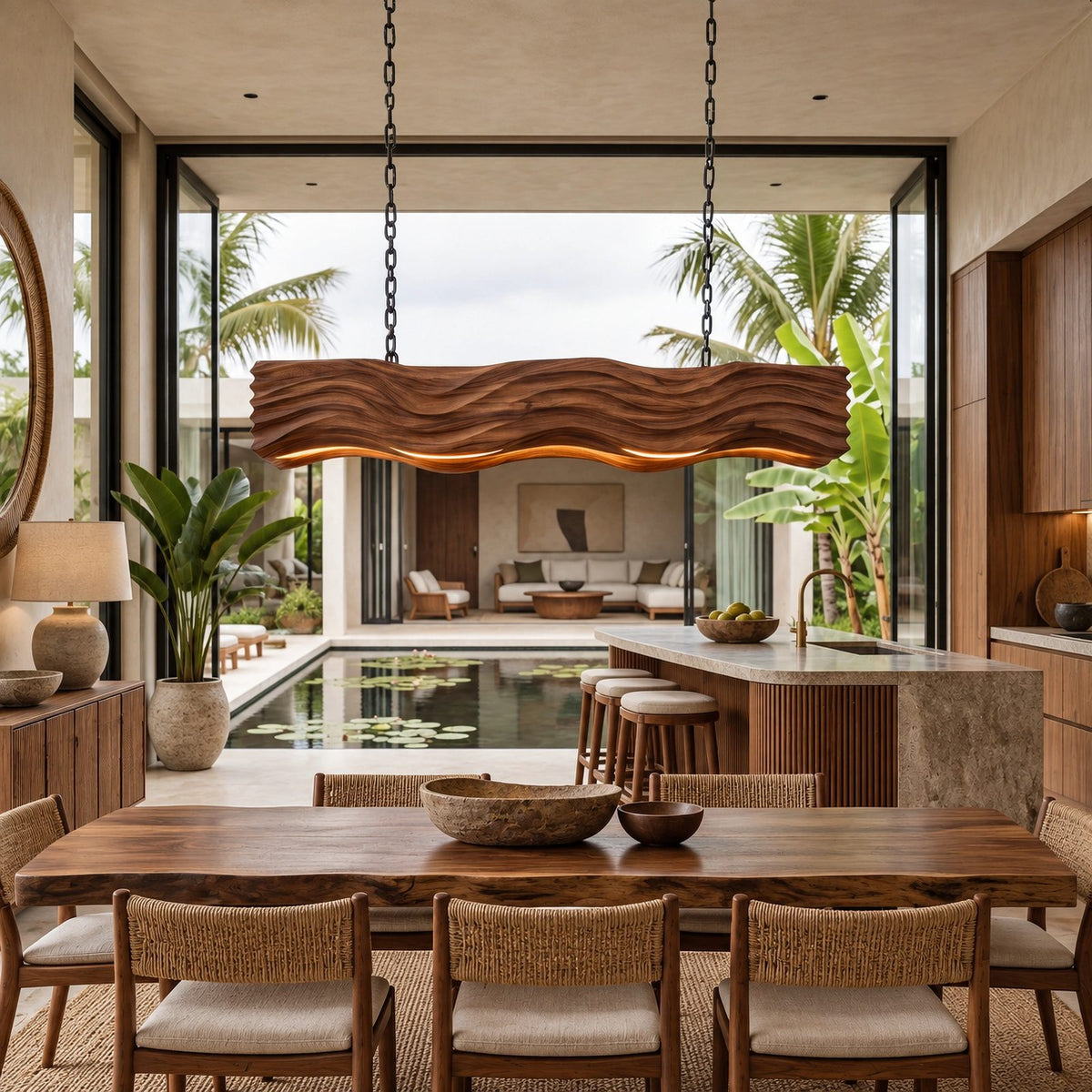 Sculptural Wave Carved Wood Pendant Light For Dining Room