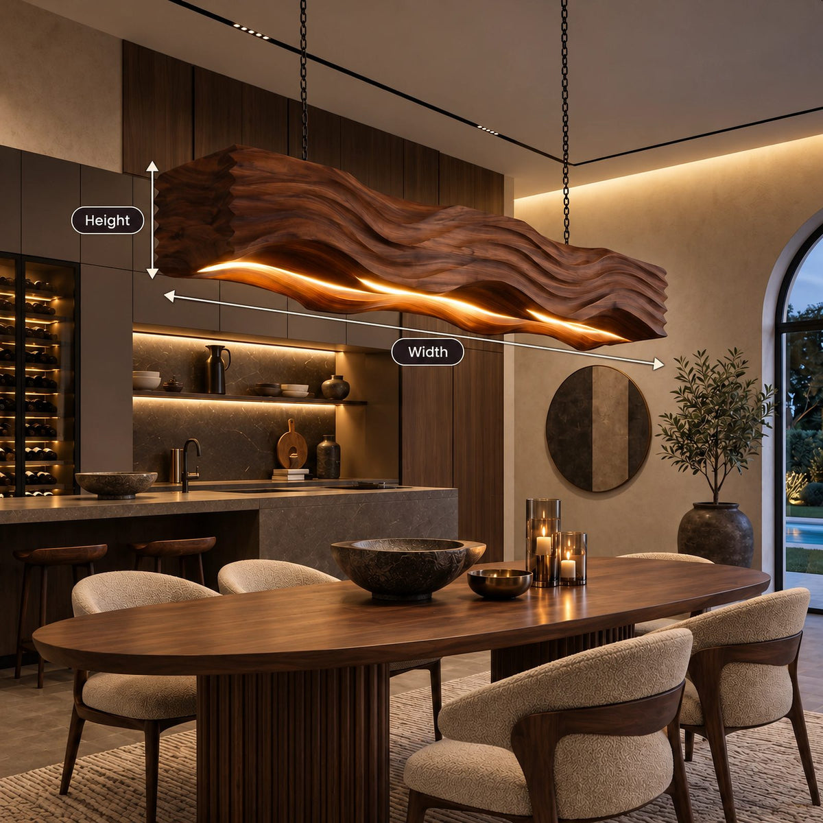 Sculptural Wave Carved Wood Pendant Light For Dining Room