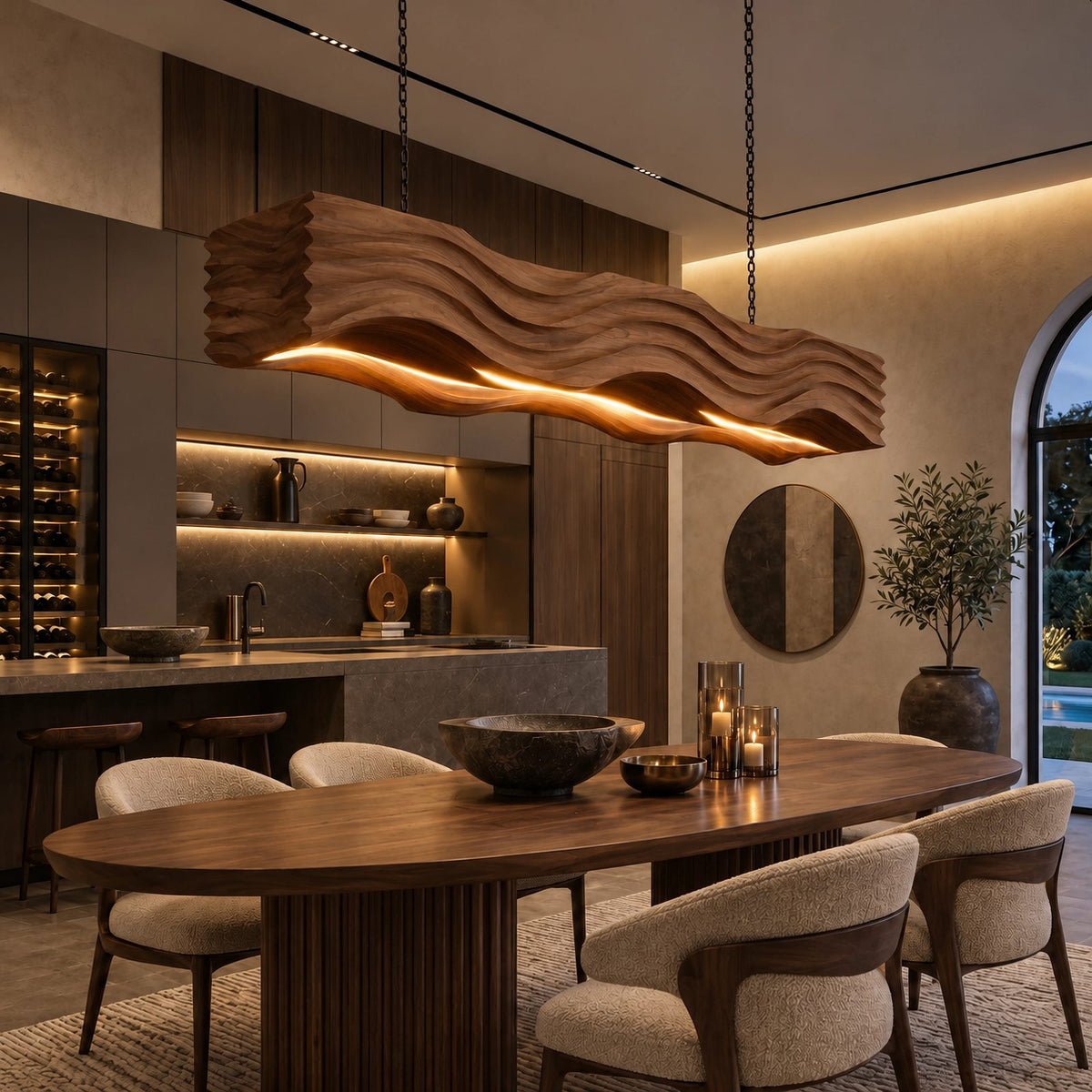 Sculptural Wave Carved Wood Pendant Light For Dining Room