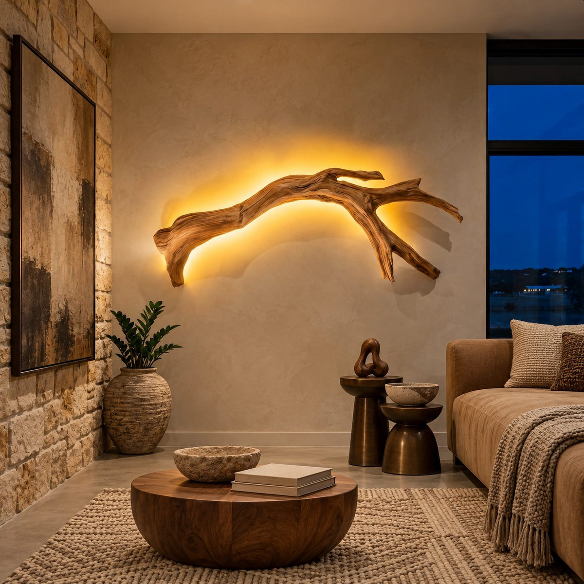 Rustic Branch Wood Wall Sconce With Backlit Glow For Bedroom