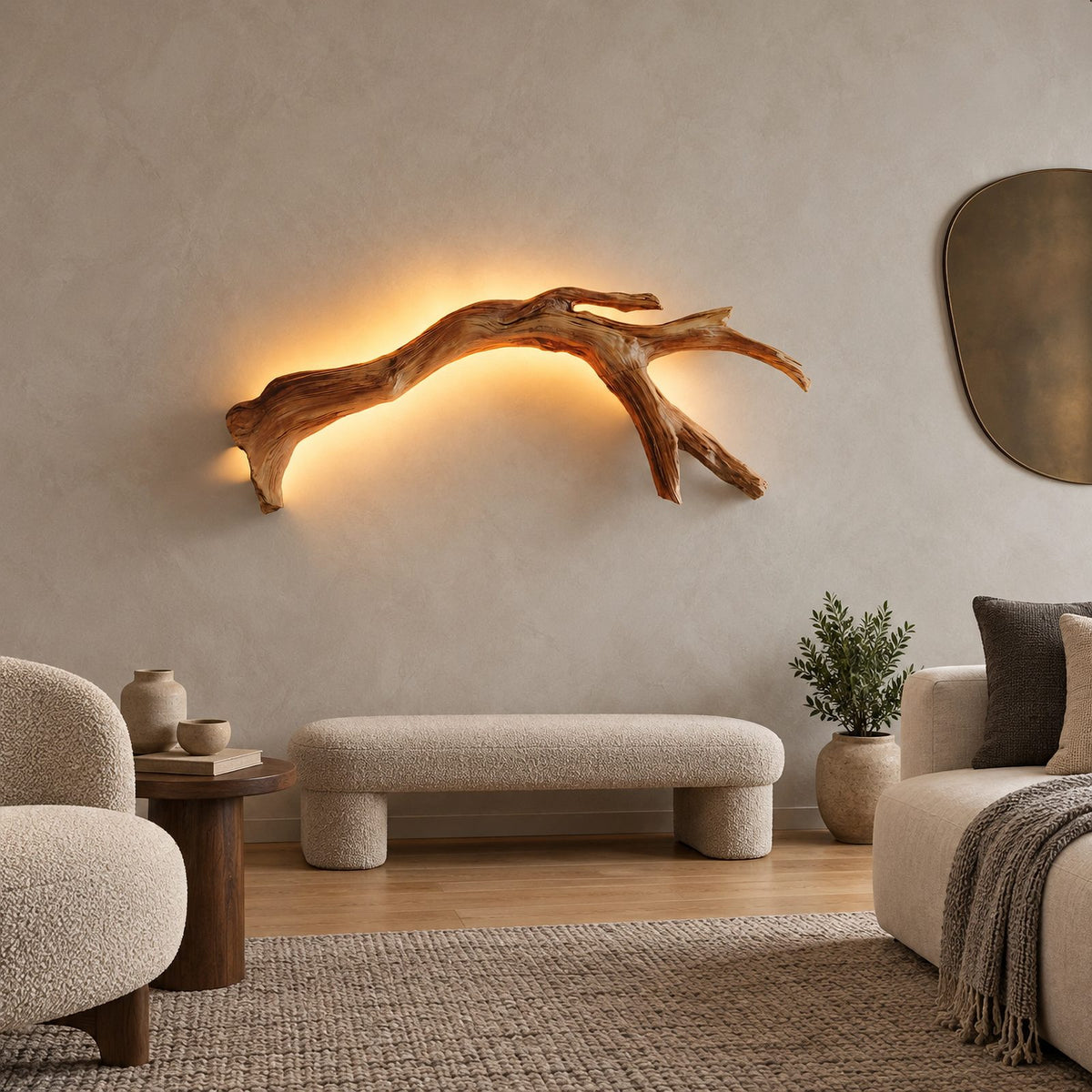 Rustic Branch Wood Wall Sconce With Backlit Glow For Bedroom